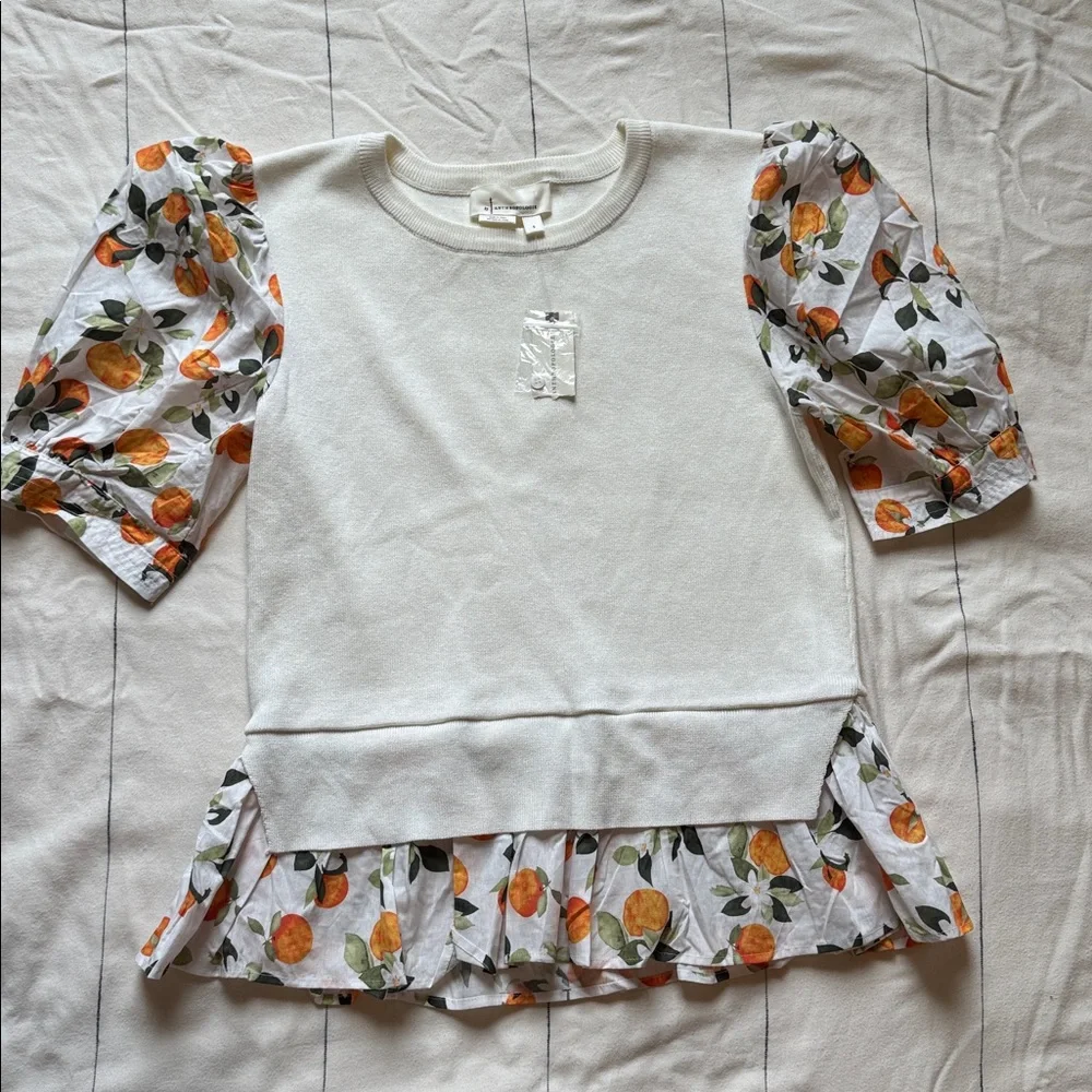 Anthropologie Cream and Orange Floral Puff Sleeve Blouse